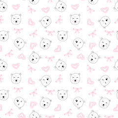 Cute nursery seamless pattern isolated on white background. Bear animal doodle icon.