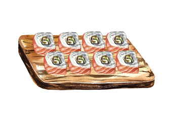 Sushi roll watercolor illustration asian japanese food lunch menu