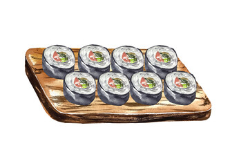 Sushi roll watercolor illustration asian japanese food lunch menu