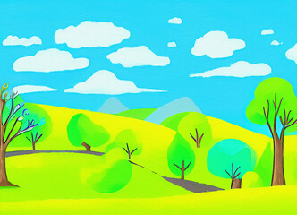 Fototapeta na wymiar Digital painting beautiful nature landscape, eco green trees, peaceful sky. Graphic design background for banners and prints, web backdrop illustration. Minimalist art.