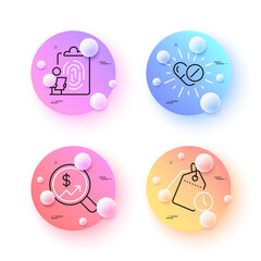 Fingerprint, Medical drugs and Time management minimal line icons. 3d spheres or balls buttons. Currency audit icons. For web, application, printing. Vector