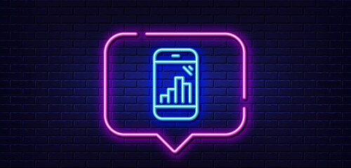Neon light speech bubble. Graph phone line icon. Column chart sign. Growth diagram symbol. Neon light background. Graph phone glow line. Brick wall banner. Vector