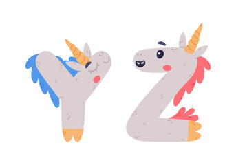 Unicorn Cute Alphabet Letters with Smiling Face and Twisted Horn Vector Set