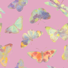 colorful butterflies, drawn in watercolor, collected in a seamless pattern for wallpapers, invitations, wrapping paper.