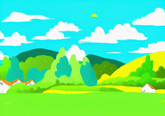 Obraz premium Digital painting beautiful nature landscape, eco green trees, peaceful sky. Graphic design background for banners and prints, web backdrop illustration. Minimalist art.