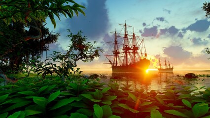 Three-masted old ship at sunset © MICHAEL KUK