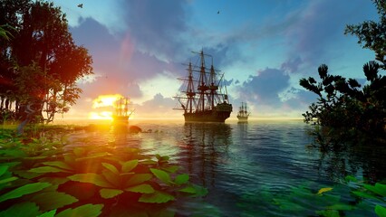 Vintage ships parked near a tropical island © MICHAEL KUK