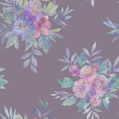 Seamless floral pattern with flowers and leaves, watercolor illustration. Template design for wrapping paper, textiles, wallpaper, interior, clothes, postcards.