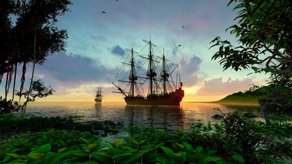 Ancient wooden ship in the bay of the island at sunset © MICHAEL KUK