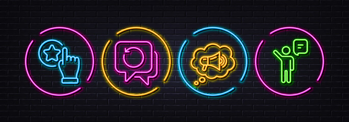 Rate button, Megaphone and Recovery data minimal line icons. Neon laser 3d lights. Agent icons. For web, application, printing. Favorite, Brand message, Backup info. Business person. Vector