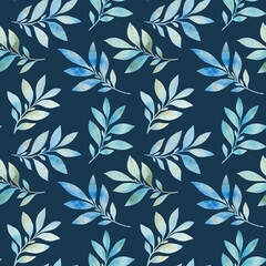 bright leaves painted in watercolor on a dark background, seamless botanical pattern. Abstract background of leaves for wallpaper, textile, print.