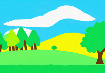 Digital painting illustration of spring or summer beautiful landscape. Rural motifs, ecology, nature.