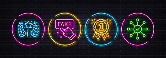 Fake information, Ranking and Reward minimal line icons. Neon laser 3d lights. Survey check icons. For web, application, printing. False truth, Laurel wreath, First place. Correct answer. Vector