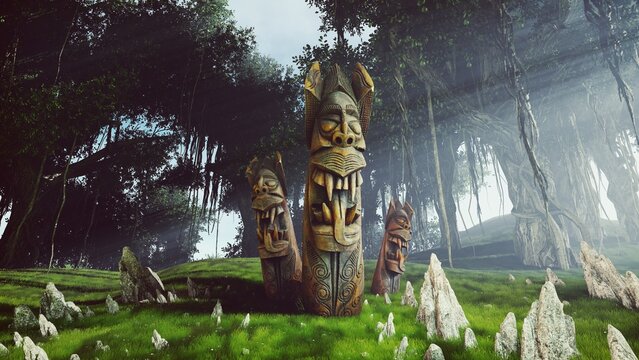Wooden idols deep in the forest