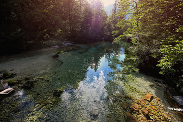 Emerald green water of the river Sava Bohinjka in Julian Alps, Ukanc, Slovenia.