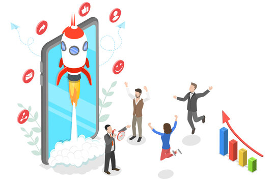 3D Isometric Flat  Conceptual Illustration of App Launch