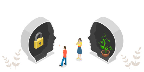 3D Isometric Flat  Conceptual Illustration of Fixed Vs Growth Mindset