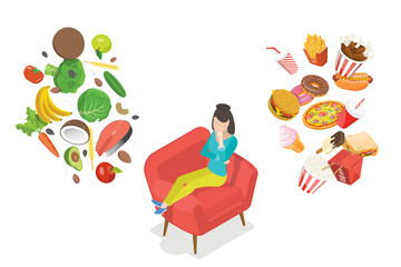 3D Isometric Flat  Conceptual Illustration of Food Balance