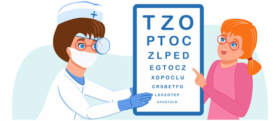 A child at the ophthalmologist reads letters. Vector. Graphics. The theme of health and medicine. Close-up. Banner used in web design