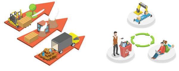 Naklejka premium 3D Isometric Flat Conceptual Illustration of Linear Vs Circular Economy