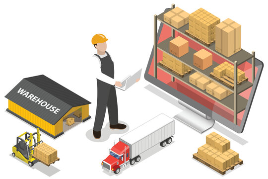 3D Isometric Flat  Conceptual Illustration of WMS - Warehouse Management System