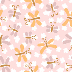 Hippie aesthetics butterflies and daisy flowers seamless pattern. Perfect print for T-shirt, paper, textile and fabric. Animalistic vector background for decor and design.