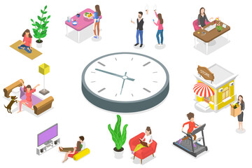 3D Isometric Flat  Conceptual Illustration of Female Daily Routine