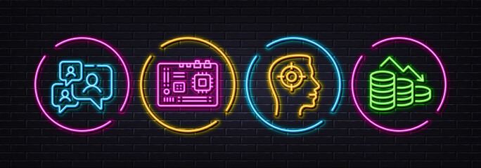 Motherboard, Recruitment and Support chat minimal line icons. Neon laser 3d lights. Money loss icons. For web, application, printing. Computer component, Headhunter aim, Comment bubble. Vector