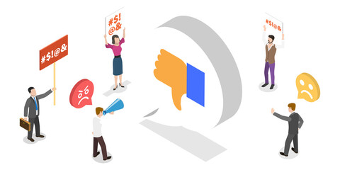 3D Isometric Flat  Conceptual Illustration of Hate Comments
