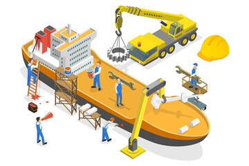 3D Isometric Flat  Conceptual Illustration of Shipbuilding