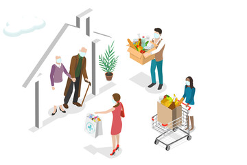 3D Isometric Flat  Conceptual Illustration of Elderly Assistance During COVID-19