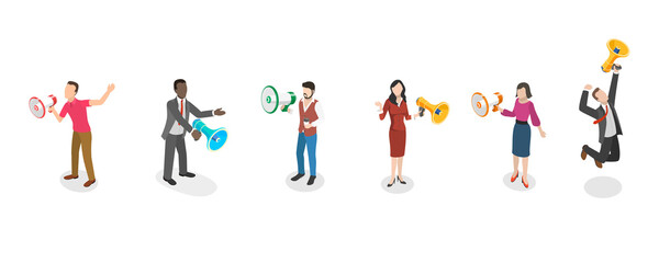 Plakat 3D Isometric Flat Conceptual Illustration of Set of People With Loudspeaker