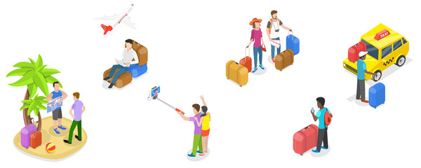 3D Isometric Flat Conceptual Illustration of Set of Scenes with Traveling People