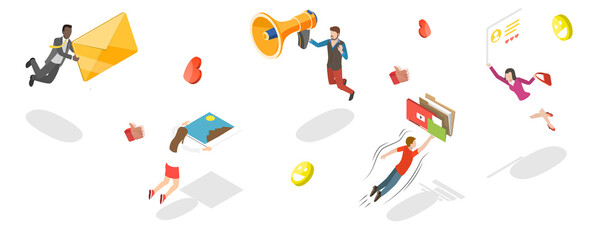 3D Isometric Flat  Conceptual Illustration of Advertising Agency Team