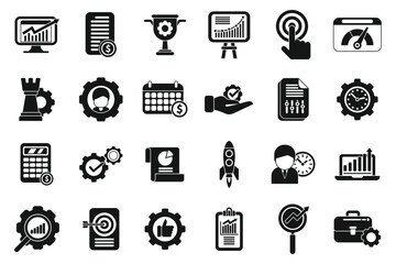 Performance management icons set simple vector. People study. Finance monitor