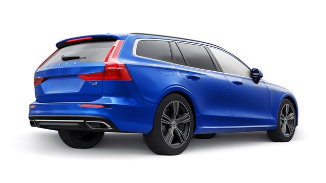 London, UK. November 30, 2022. Blue Volvo V60 2022. Family premium station wagon. Right-hand drive version of the car, for countries with left-hand traffic. 3d rendering.