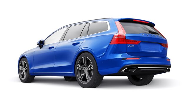 London, UK. November 30, 2022. Blue Volvo V60 2022. Family premium station wagon. Right-hand drive version of the car, for countries with left-hand traffic. 3d rendering.