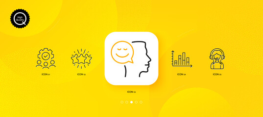 Fototapeta na wymiar Teamwork, Diagram graph and Support minimal line icons. Yellow abstract background. Star, Good mood icons. For web, application, printing. Workflow, Presentation chart, Call center. Vector