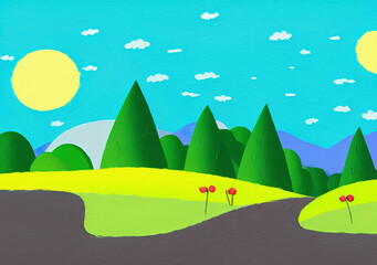 Digital painting illustration of spring or summer beautiful landscape. Rural motifs, ecology, nature.