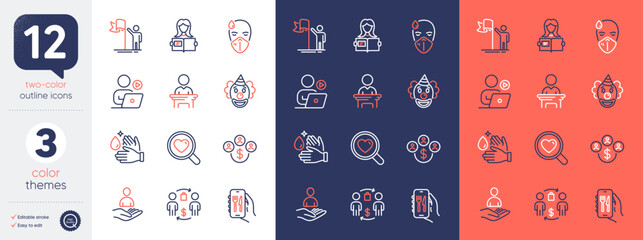 Set of Search love, Election candidate and Restaurant app line icons. Include Sick man, Woman read, Clown icons. Buying currency, Recruitment, Leadership web elements. Video conference. Vector