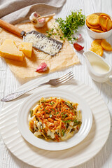 cheesy green bean casserole on plate, top view