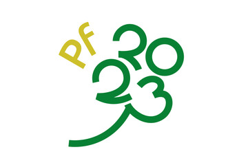 PF 2023 logo shaped to Four leaf clover design. Wish of good Luck.