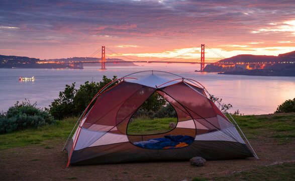 Camping in Angel Island State Park, Marin County, California.