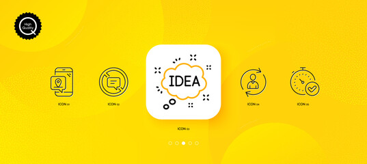 Fototapeta na wymiar Person info, Idea and Pin marker minimal line icons. Yellow abstract background. Fast verification , Stop talking icons. For web, application, printing. Vector