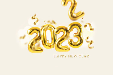 Fototapeta na wymiar Golden balloons 2023 New Year with confetti on a light background. Happy new year creative design. Balloon number 3 replaces 2. From 2022 to 2023