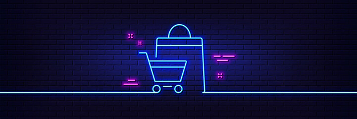 Neon light glow effect. Shopping cart line icon. Customer sale bag sign. Supermarket purchases symbol. 3d line neon glow icon. Brick wall banner. Sale bags outline. Vector © blankstock