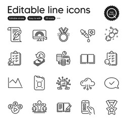 Set of Education outline icons. Contains icons as Checklist, Chemistry pipette and Teamwork elements. Mobile survey, Budget accounting, Inspect web signs. Chemical formula. Vector