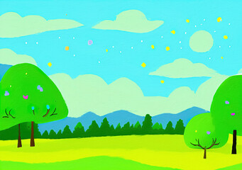Obraz premium Digital painting illustration of spring or summer beautiful landscape. Rural motifs, ecology, nature.