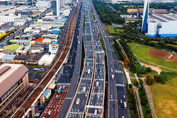 Aerial view of an expressway bridge in Odaiba, Tokyo, Japan