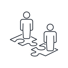 Businessmen and puzzles. Effective collaboration. Vector linear icon isolated on white background.